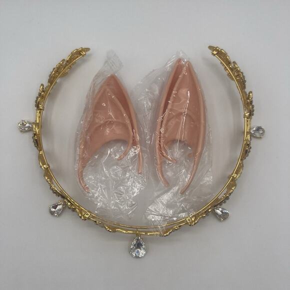 Corona Elfo Dorada con Gema Transparente y 2 Pares Orejas Elfo Hada Disfraz - Picture 4 of 9